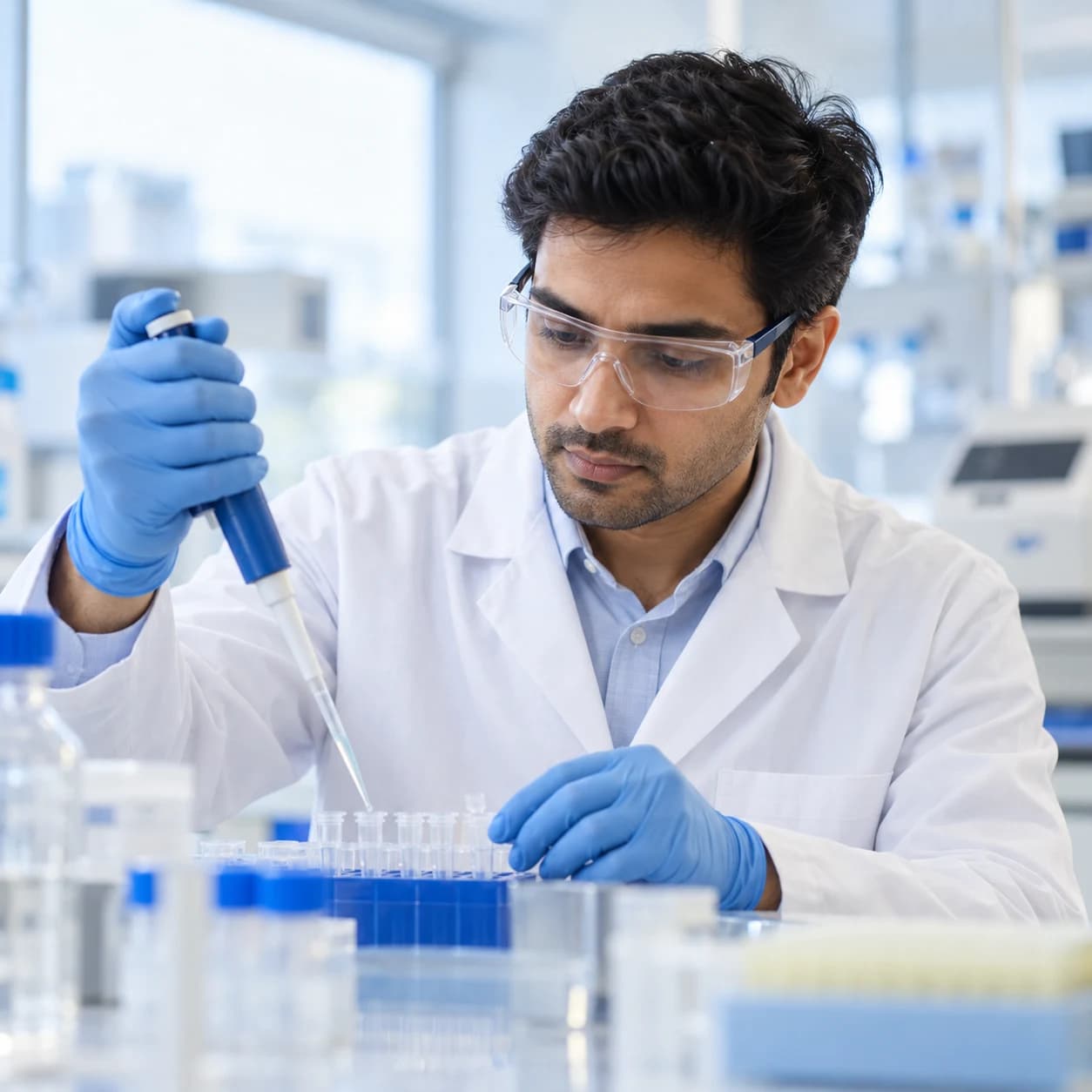 A scientist working carefully with a micropipette and laboratory samples