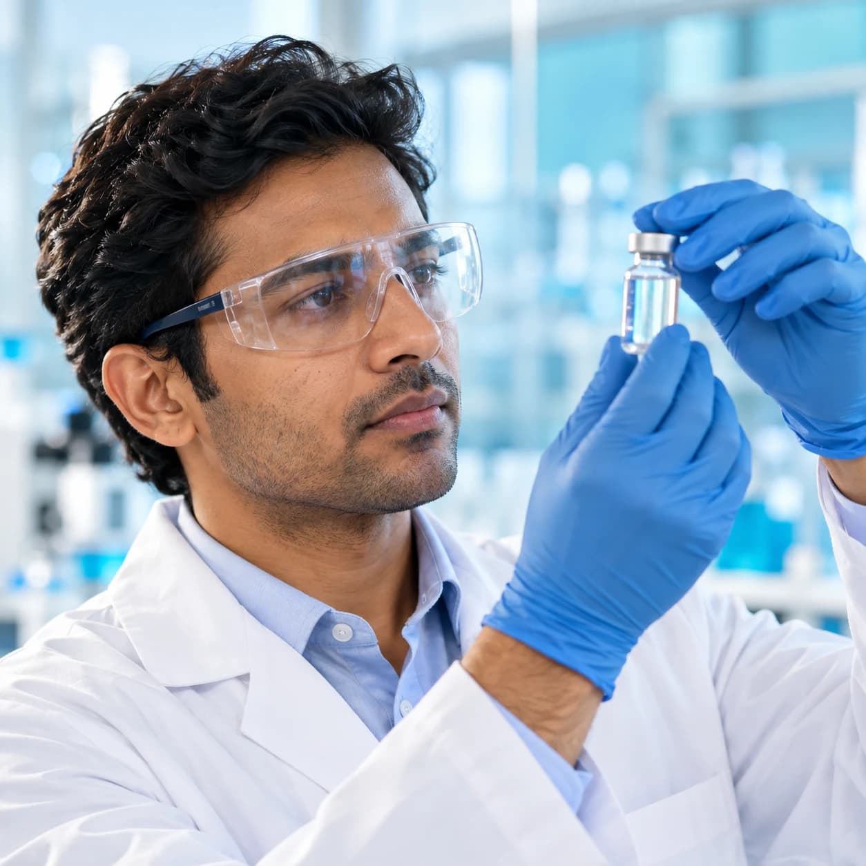 A pharmaceutical researcher carefully inspecting a clear sample vial