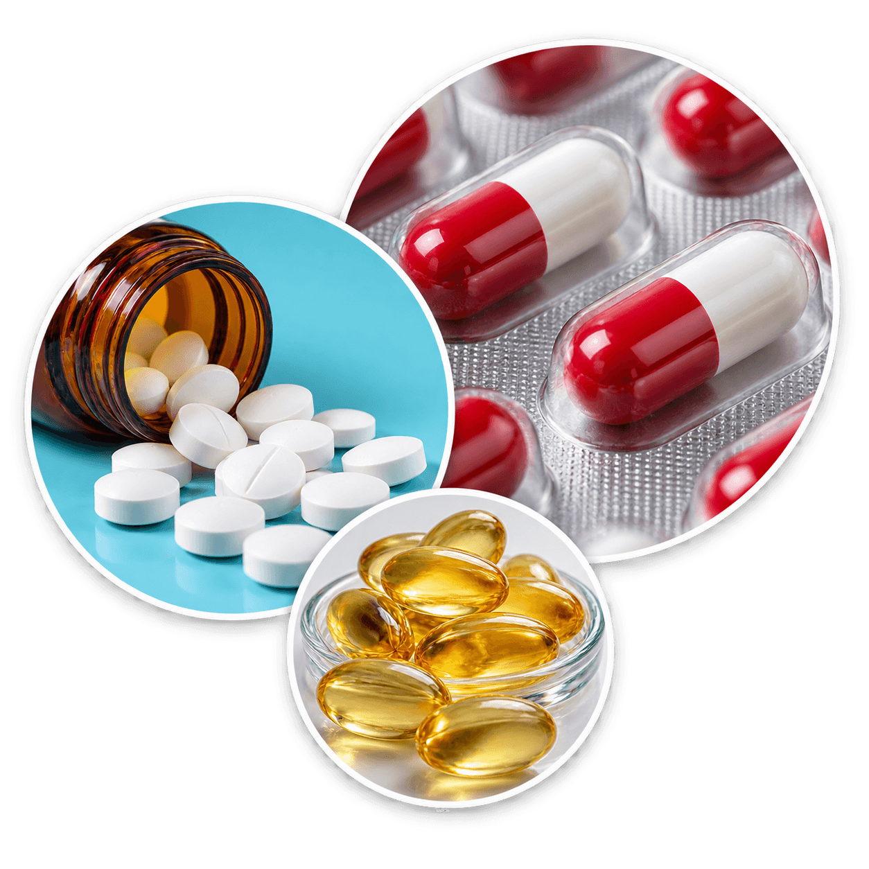 A collage of pharmaceutical capsules, tablets and softgels