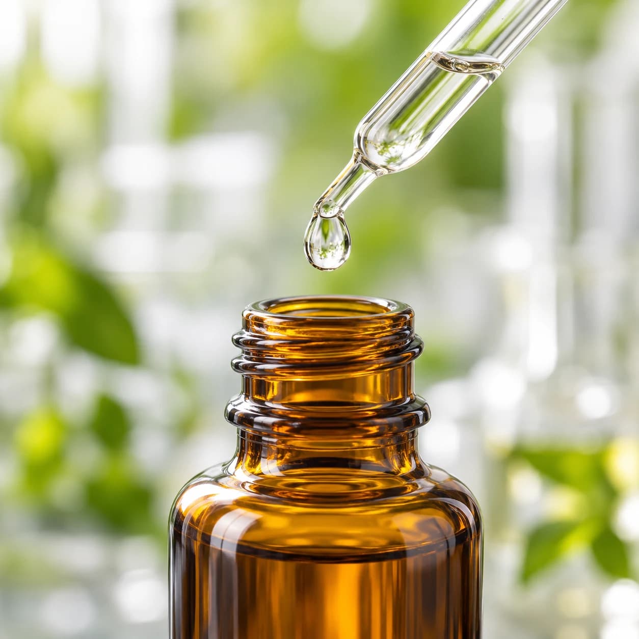 A precise droplet above an amber medicine bottle