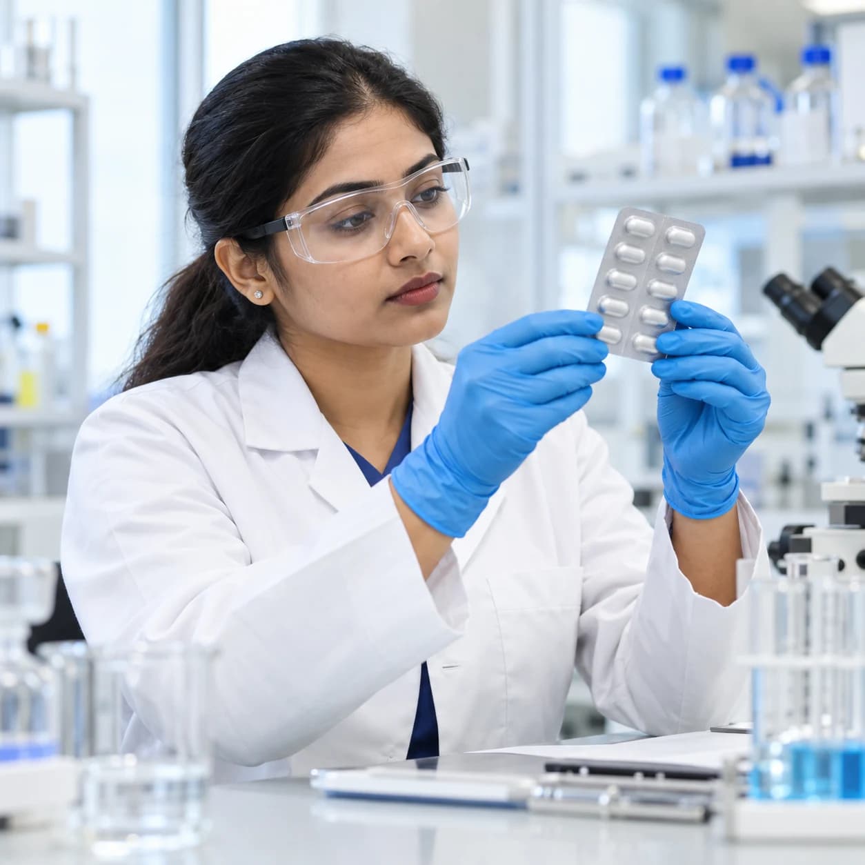 A quality analyst inspecting pharmaceutical blister packaging