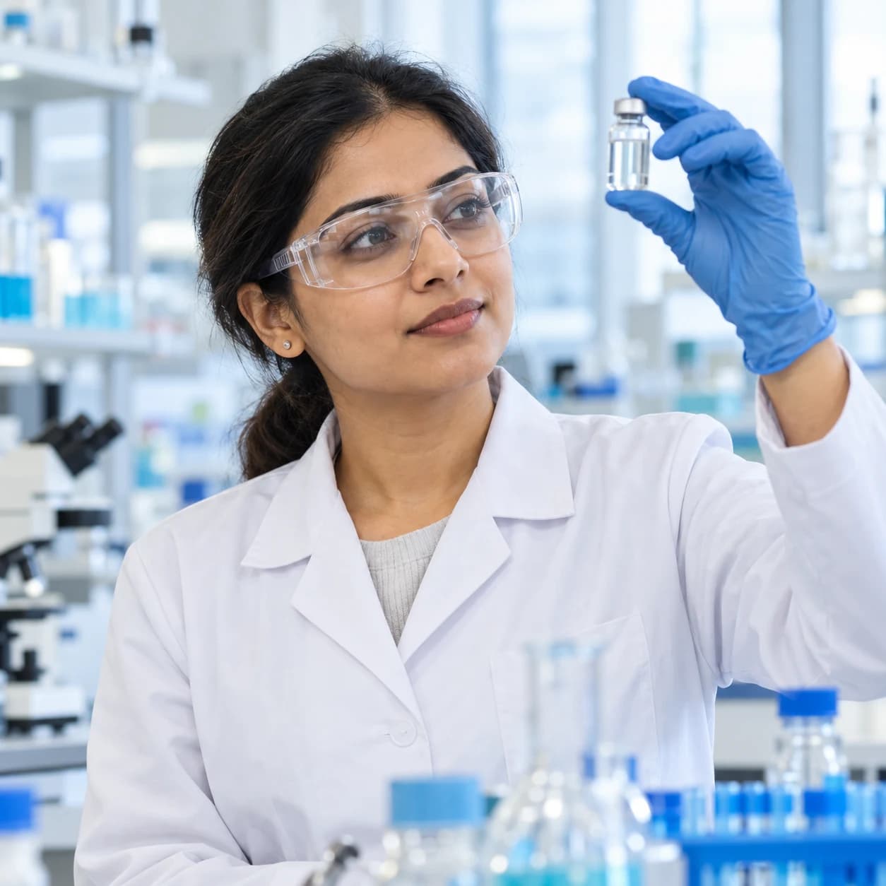Pharmaceutical researcher examining a vial in a bright laboratory
