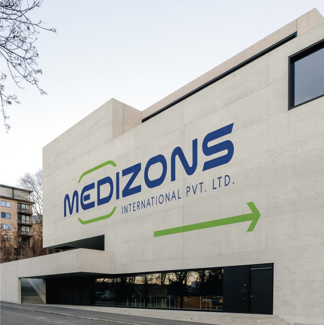 Medizons International Pvt. Ltd. logo on a modern office building